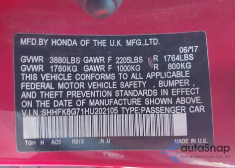 2017 Honda Civic Type R Touring z USA, uszkodzony, nr VIN SHHFK8G71HU202105